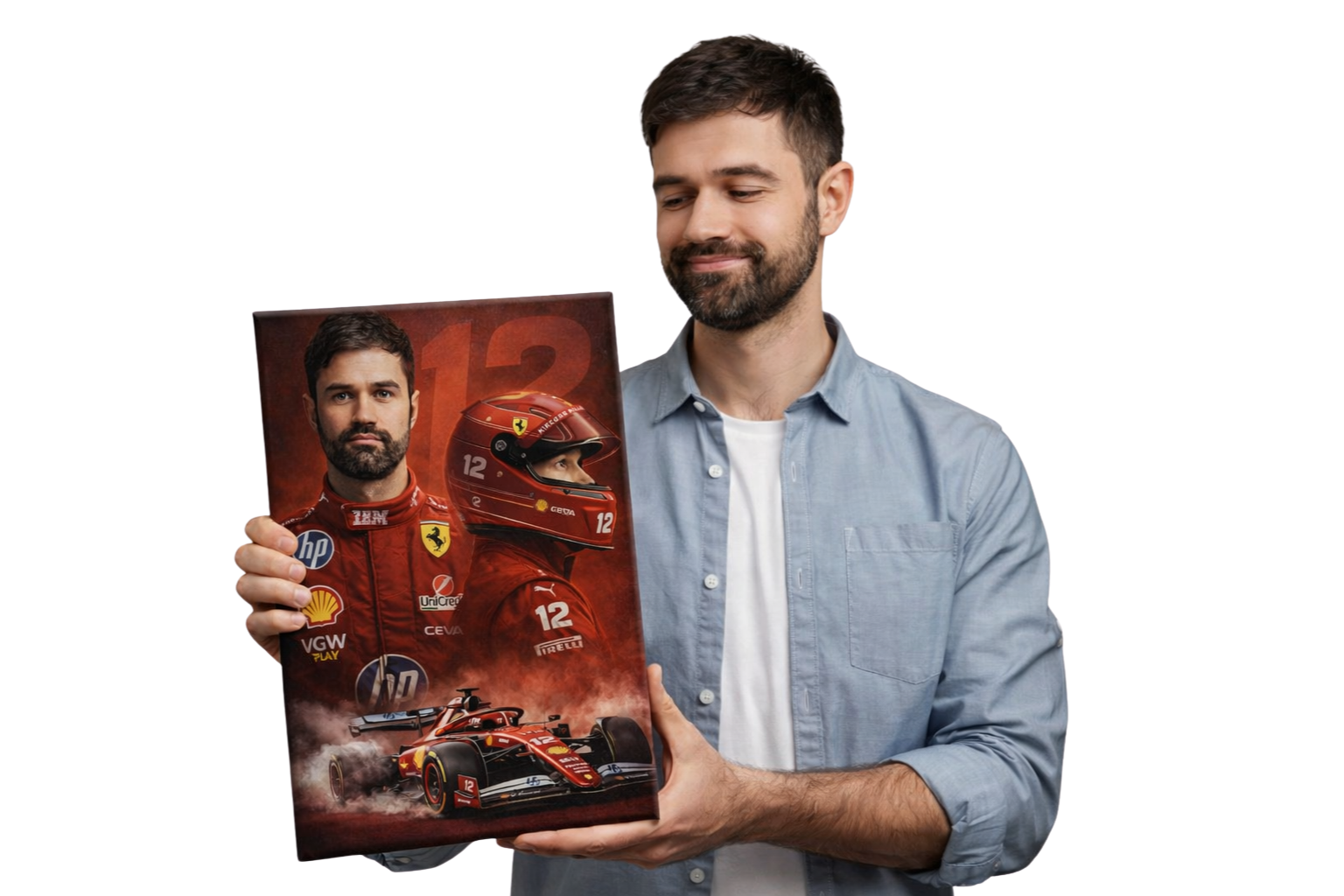 Man holding a printed canvas portrait of himself as a racing driver