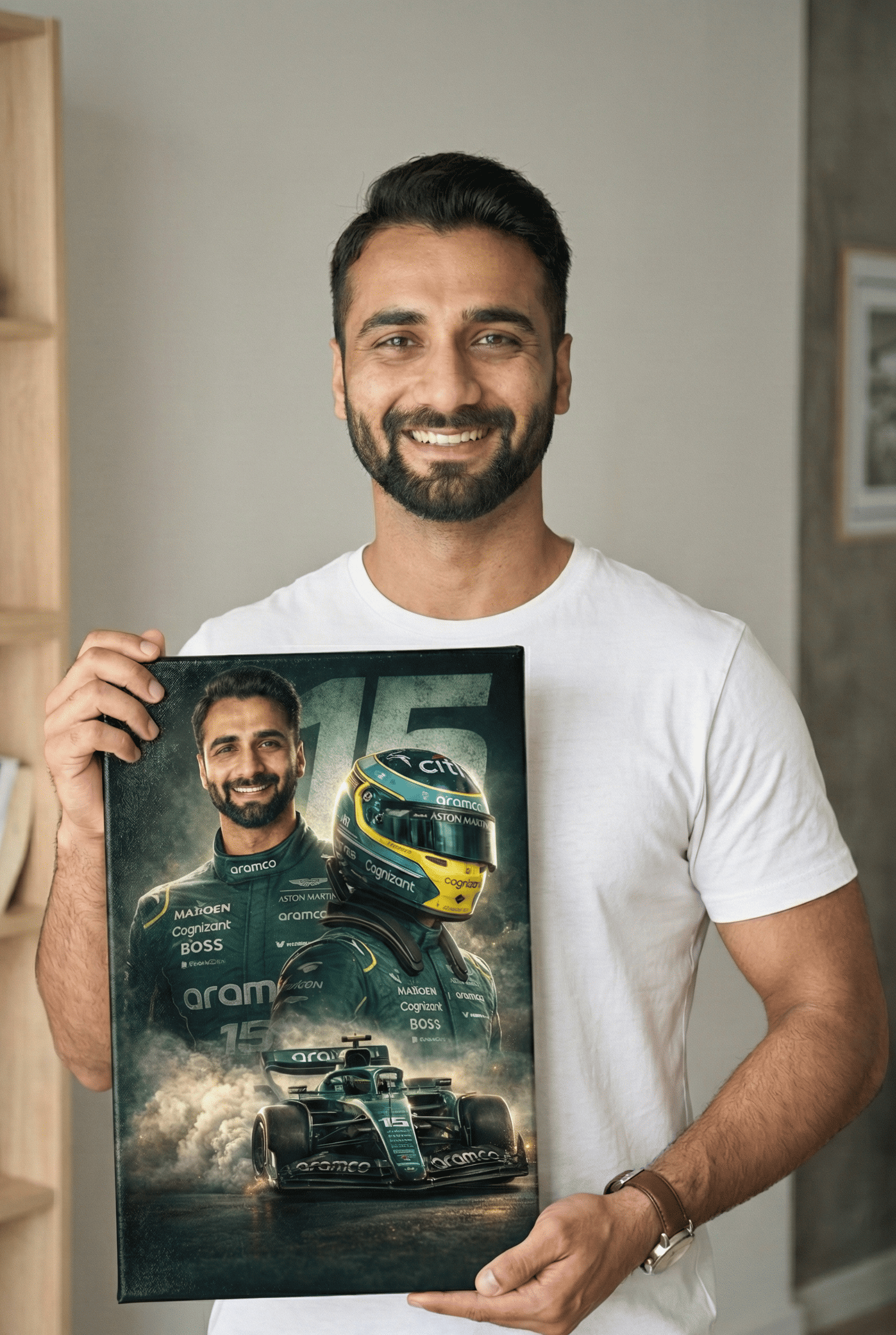 Man holding a framed picture of him as F1 driver for Aston Martin F1 team