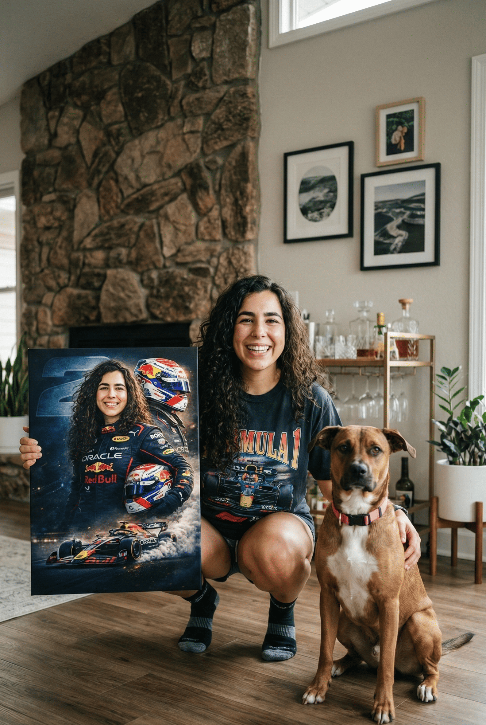 Woman holding a canva portrait of herself as a racing driver from the redbull F1 team in a home setting with a dog.