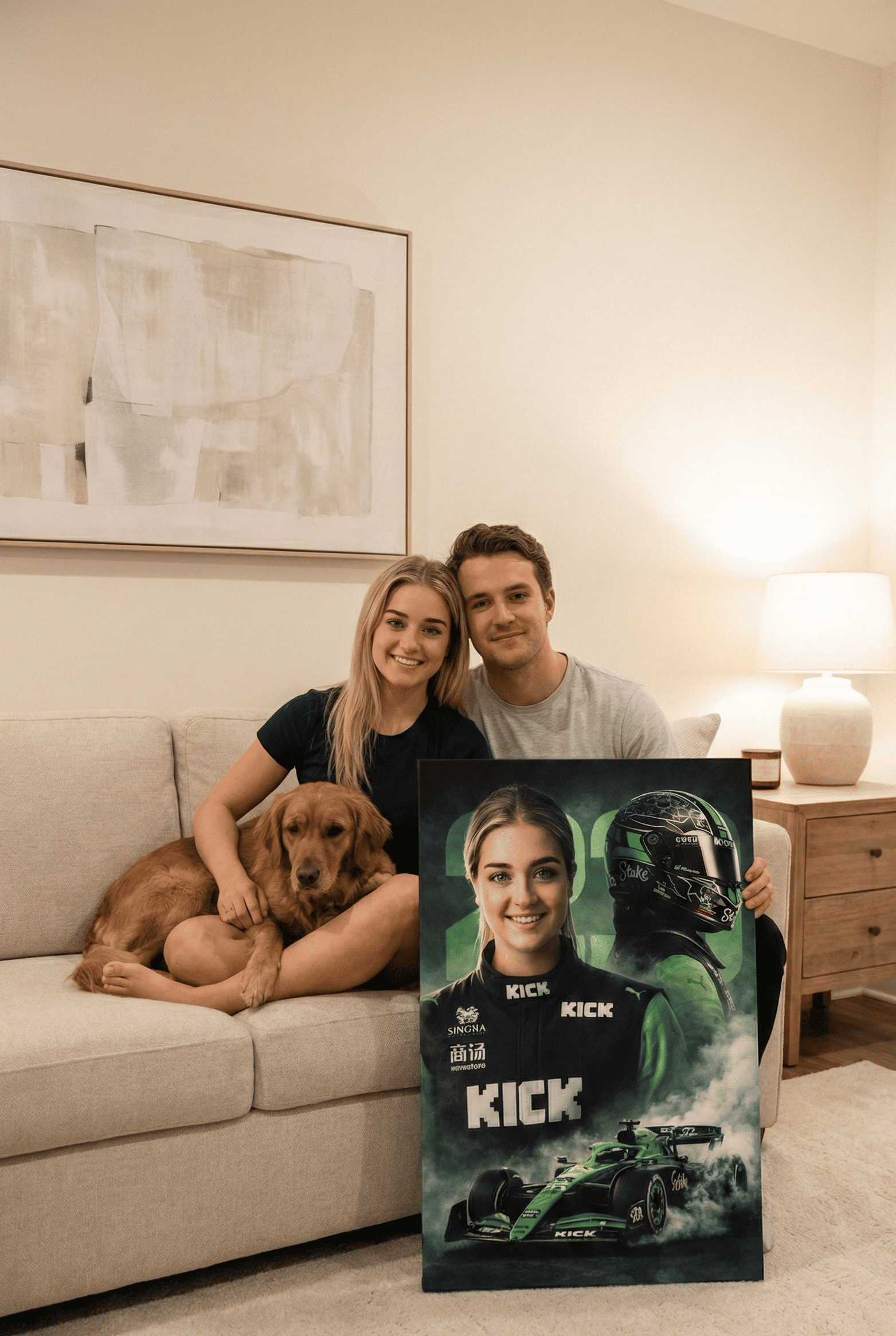 Couple with a dog holding a canva portrait of the women as F1 racing driver from Kick Sauber team in a living room.