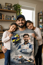 Man holding a painting of himself as a VCARB f1 racing driver with two children in a living room.