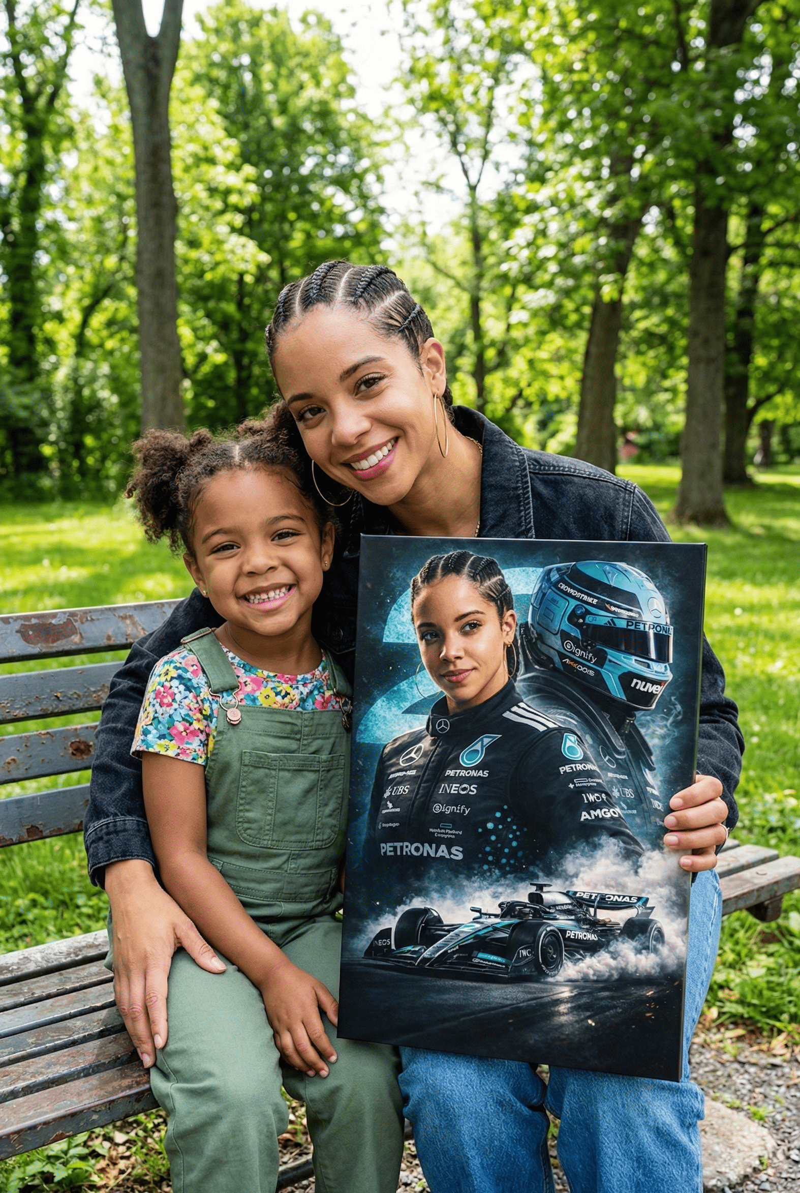 Woman and child holding a canva portrait of herself as a F1 racing driver from the Mercedes F1 team, in a park.