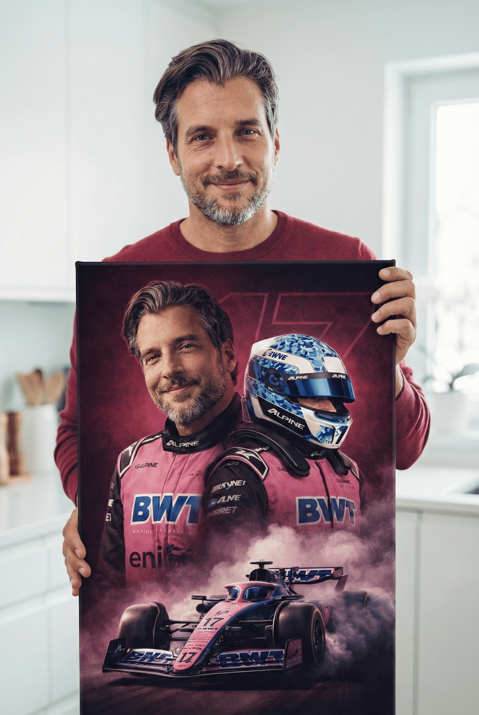 Man holding a canva portrait of himself as a F1 racing driver from the Alpine F1 team. 