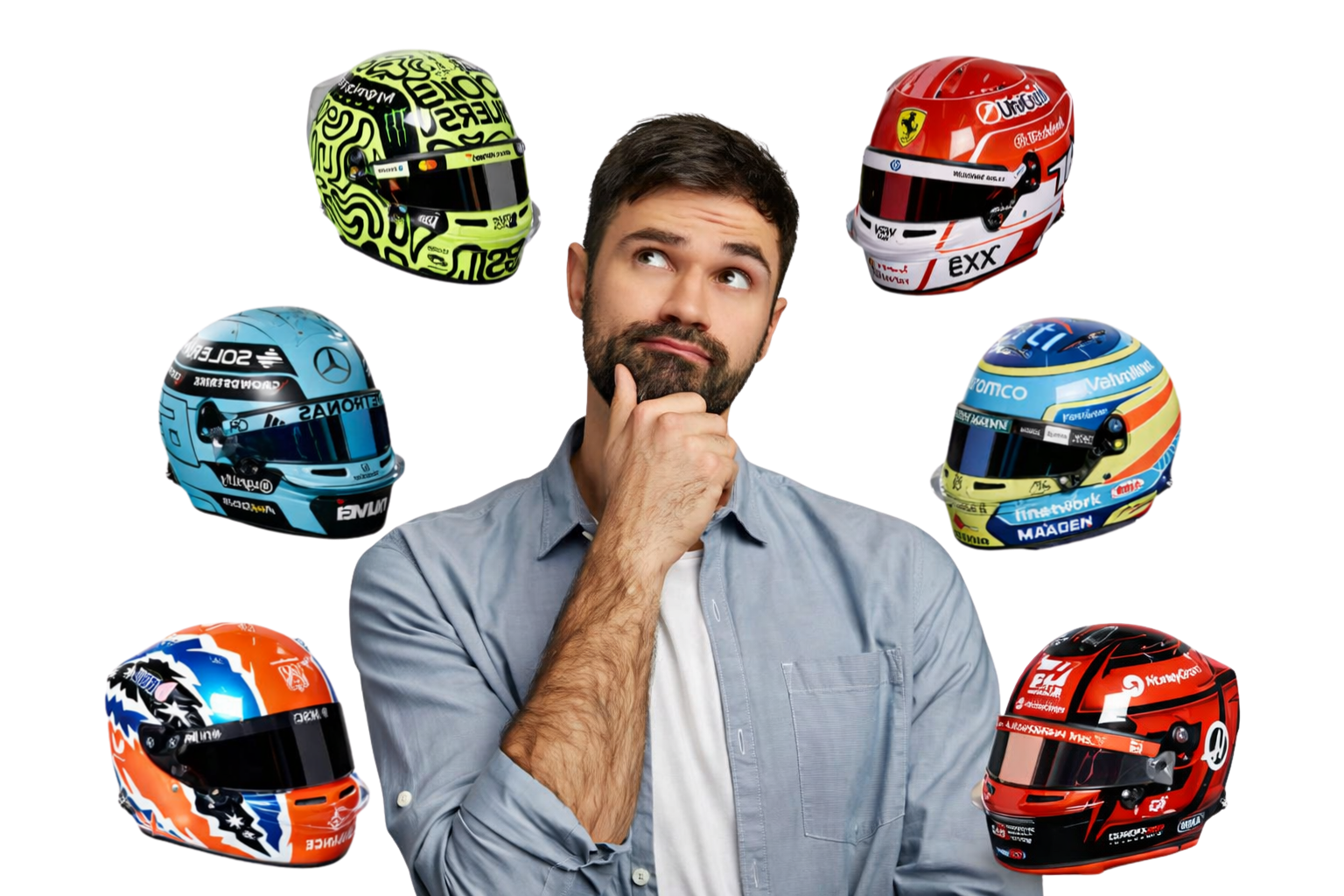 Man thinking about which F1 team he will chose for his racing driver portrait
