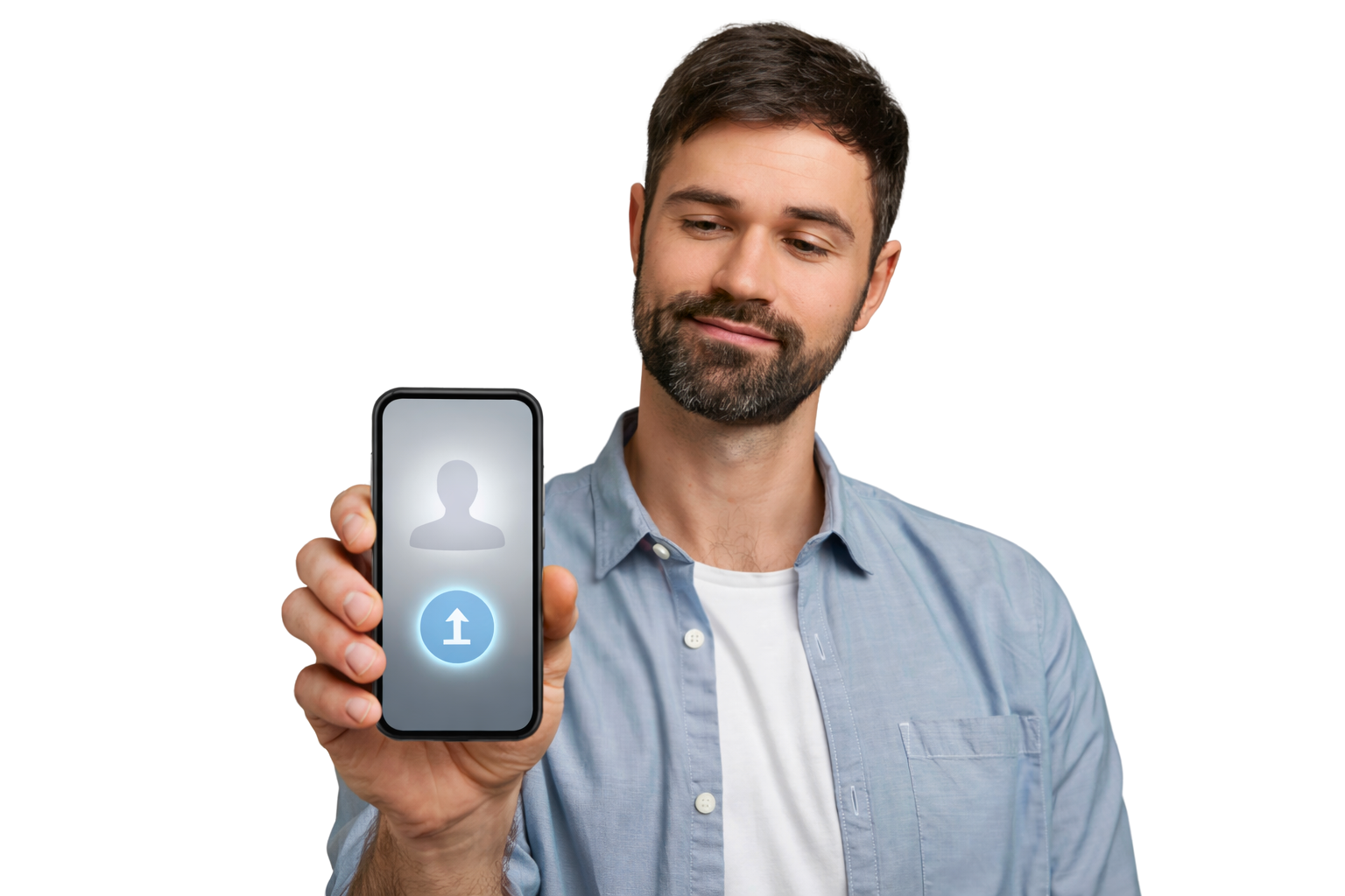 Man holding a smartphone with a upload icon to upload his photos