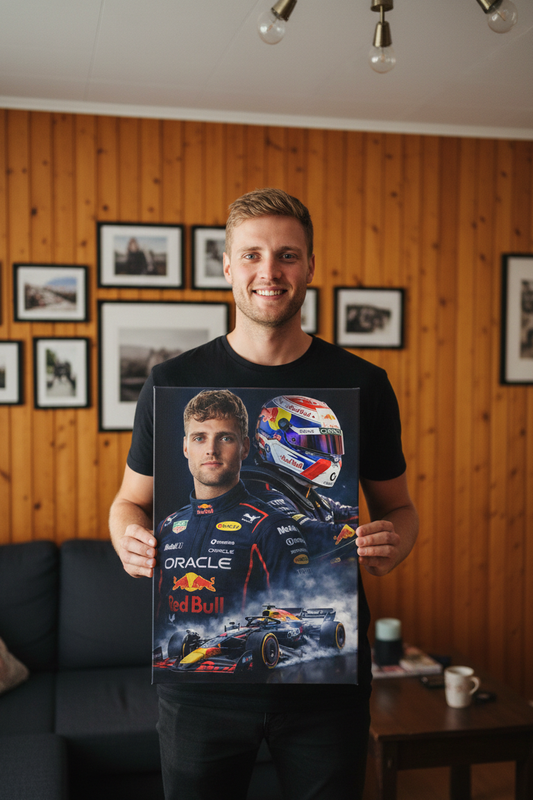 Man holding a canva portrait of himself as a F1 racing driver from the redbull f1 team in a living room.