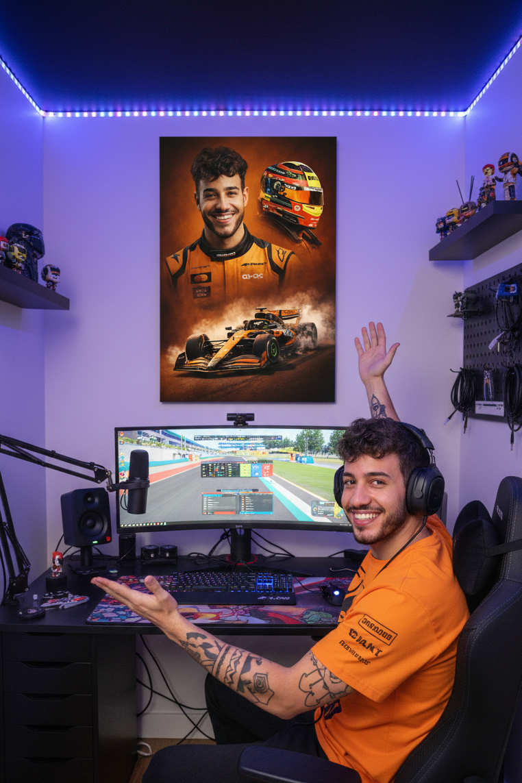 Person in a gaming chair with a gaming setup including a monitor, keyboard, and mouse, showcasing his canva portrait as F1 driver from Mclaren papaya F1 team.